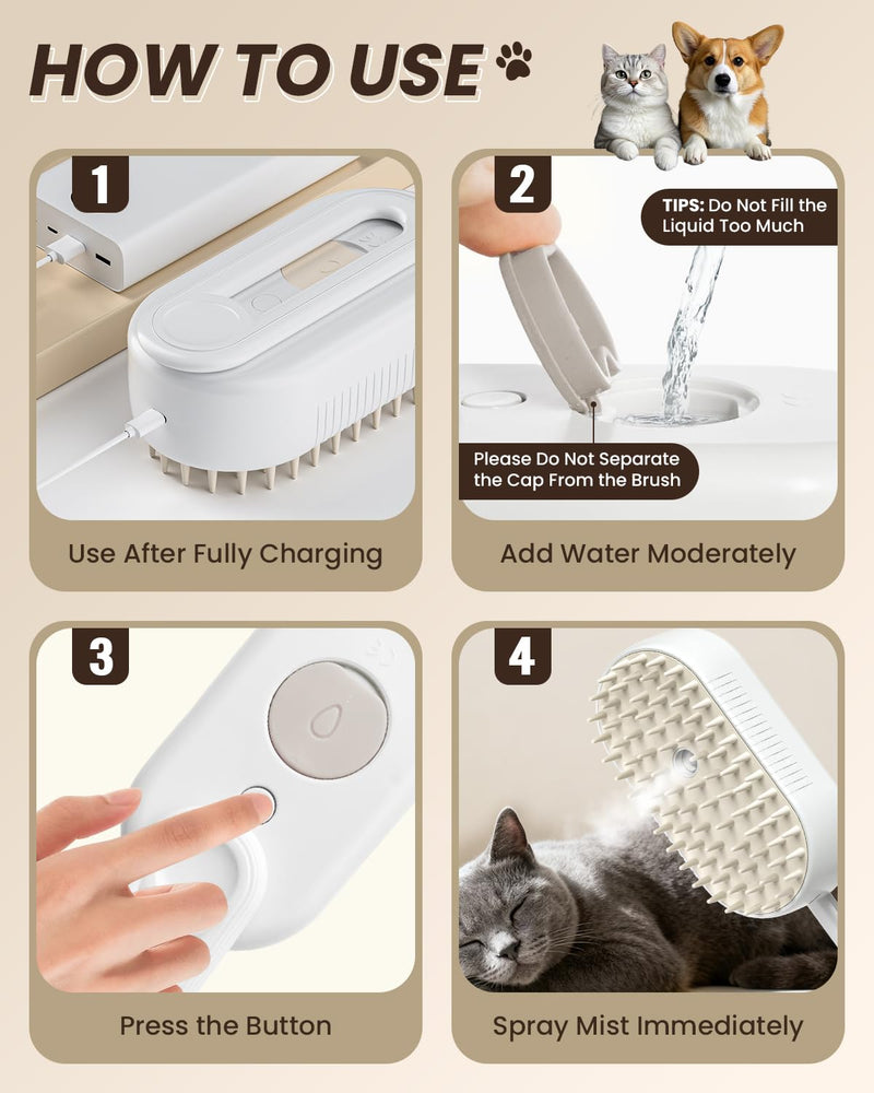 Cat Steam Brush for Shedding, Pet Steam Brush for Cats and Dog, 4 in 1 Rechargeable Cat Hair Brush, Spray Anti-Static, Massage, Cleaning, Shedding & Combing All In One, for Long & Short Haired Pets! White