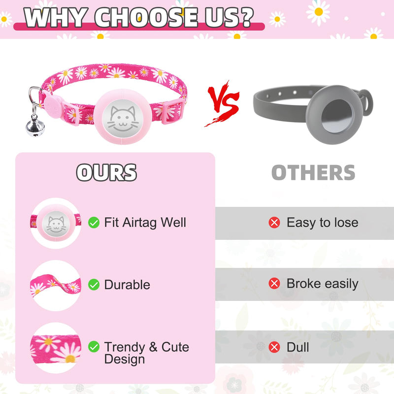 KOOLTAIL Breakaway Cat Collar with Air Tag Holder and Bells, Reflective Cute Kitten Collars, Adjustable Lightweight Safety Buckle Pet Collars for Kitty Boys Girls Cats Holiday, Flower Pink Daisy Rose Red - PawsPlanet Australia