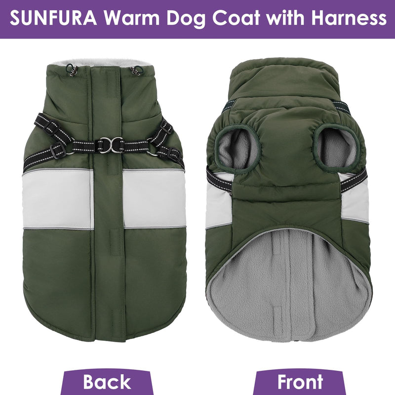 SUNFURA Dog Coat, XXXL Dog Jacket Winter with Harness Built in, Waterproof Pet Snow Jacket with Furry Collar for Chilly Day, Reflective Fleece Snowsuit for Extra Large Dogs, Army Green 3XL XXX-Large - PawsPlanet Australia