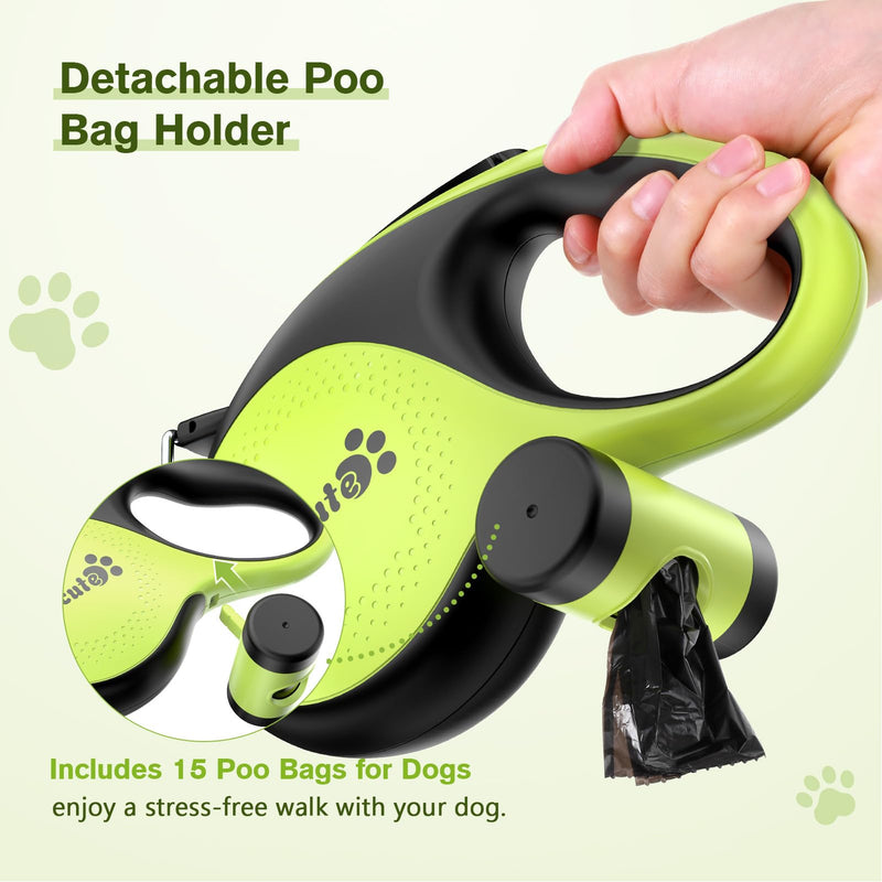 Pecute 26ft Retractable Dog Leash with Poop Bag Holder, Walking Dog Leash for heavy duty Dogs Up to 110lbs with Strong Nylon Tape, One-Button Control, 360° Tangle-Free Sturdy Long Dog Leash Large Green