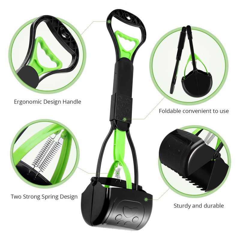 PPOGOO Non-Breakable Pet Pooper Scooper for Dogs and Cats with Long Handle High Strength Material and Durable Spring for Easy Grass and Gravel Pick Up Green - PawsPlanet Australia
