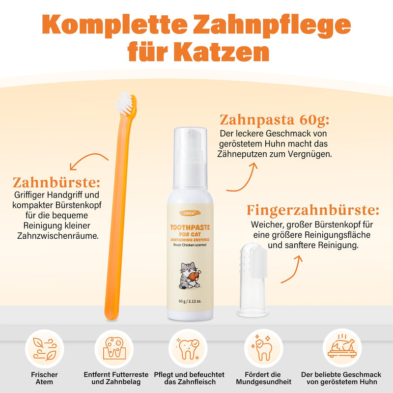 UNEK Cat Dental Care Kit - Enzymatic Toothpaste 60g with Roast Chicken Flavor, Includes Toothbrush and Finger Brush, Helps Reduce Plaque and Bad Breath