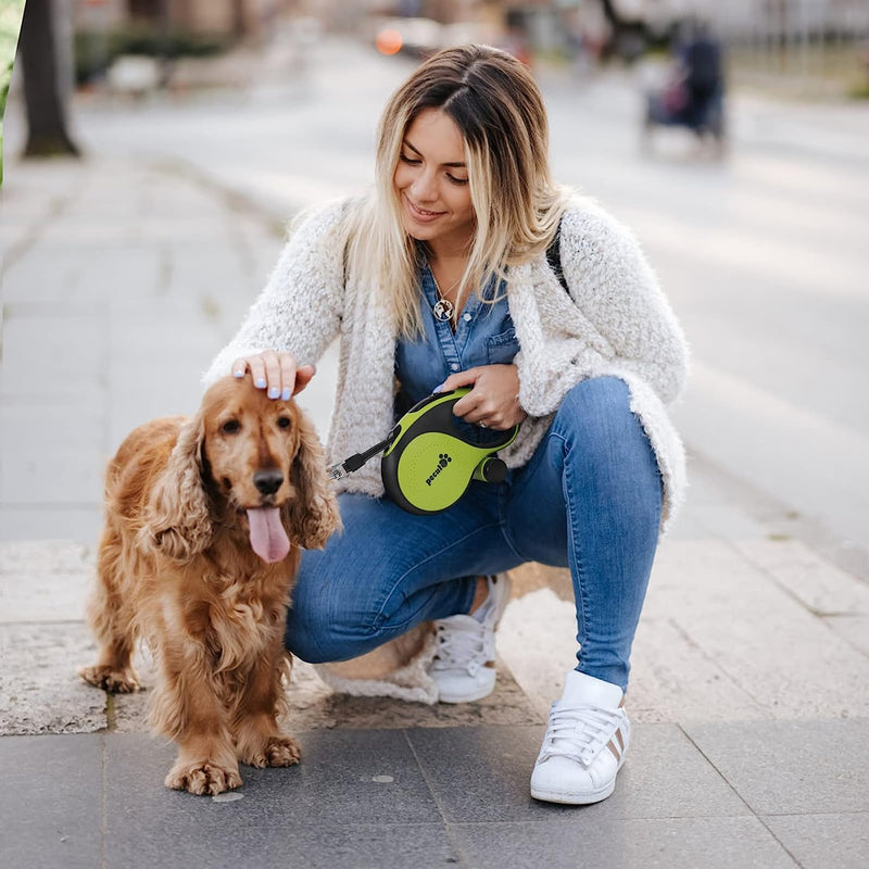 Pecute 26ft Retractable Dog Leash with Poop Bag Holder, Walking Dog Leash for heavy duty Dogs Up to 110lbs with Strong Nylon Tape, One-Button Control, 360° Tangle-Free Sturdy Long Dog Leash Large Green