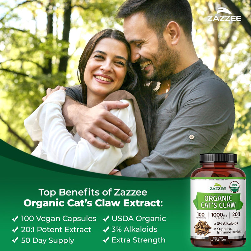Zazzee USDA Organic Cat’s Claw 20:1 Extract, 1000 mg per Serving, 3% Alkaloids, 100 Vegan Capsules, Uncaria Tomentosa, Immune, Joint & Antioxidant Support, All-Natural, Non-GMO, Made in the USA - PawsPlanet Australia