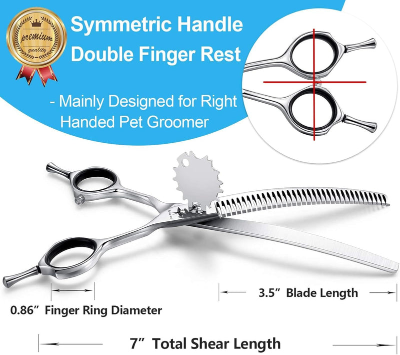 PURPLEBIRD 7 Inch Downward Curved Dog Grooming Scissors Pet Thinning Texturizing Shears Professional Safety Blunt Tip Trimming Shearing for Dogs Cats Face Paws Limbs Japanese Stainless Steel Silver 7.0"curvedThinning - PawsPlanet Australia