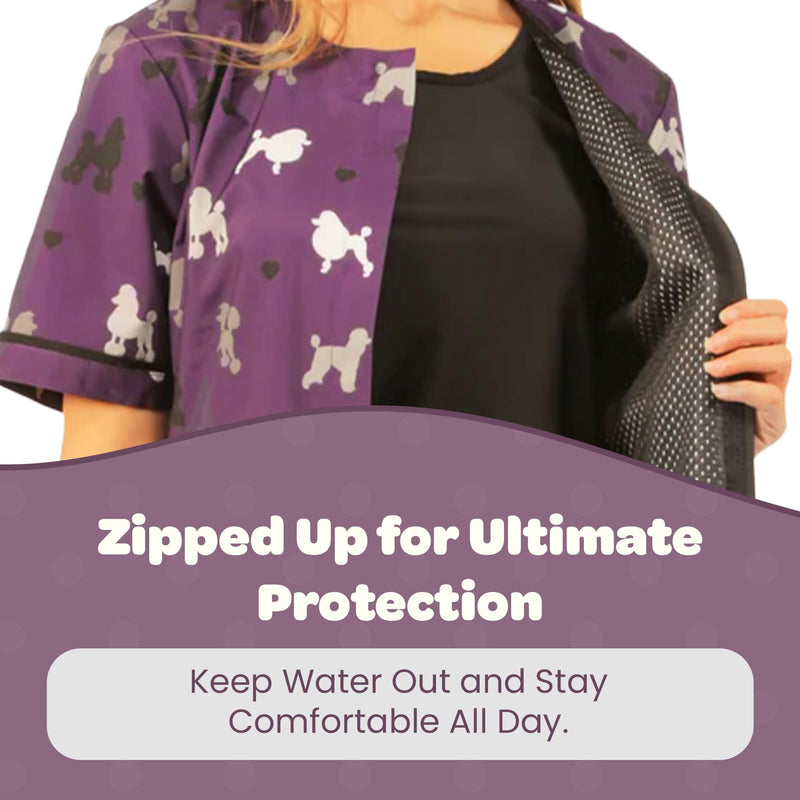 Ladybird Line 710 Purple Poodle Print Waterproof Dog Grooming Smock Hair and Bleach Resistant Covered Zipper Panel Mesh Back 4X-Large - PawsPlanet Australia