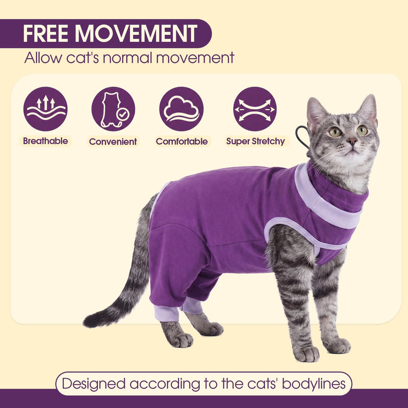 Cat Surgical Recovery Suit, Full Hind Leg Coverage Cat Post Surgery Suit, Cone Alternative, Drawstring Neck Anti Escape, Stop Licking and Scratching, Allergy Recovery Suit for Large Cats Purple