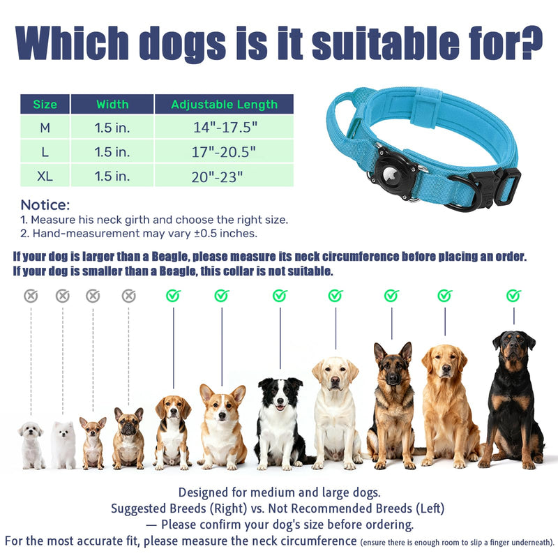 Tactical Airtag Dog Collar Waterproof - Adjustable Nylon Training Collar with Secure Airtag Holder, Control Handle & Quick-Release Buckle for Medium Large Dogs (Blue, L) Blue L (17"-20.5")