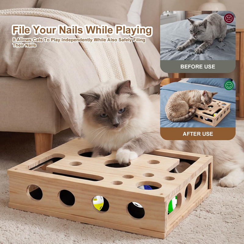 Cat Scratch Puzzle Enrichment Box, Maze Cat Nail File Scratcher & Built-in Sandpaper, Wooden Cat Nail File Enrichment Box, Stress-Free Alternative to Trimming Your Nails
