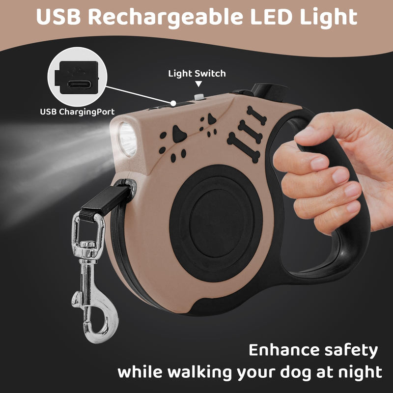 16FT Retractable Dog Leash with LED Flashlight for Night Walking, USB Rechargeable Hands-Free Leash for Small Medium Dogs, Automatic Locking & Extending, Beige - PawsPlanet Australia