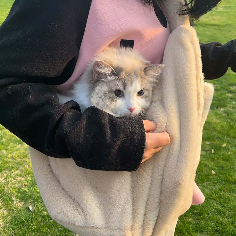 Warm Plush Small Dog Sling Cat Carrier Hand-Free Pet Sling Pet Puppy Travel Bag Cat Carrier Shoulder Bag Outdoor Travel Puppy Bags for Daily Walk Travel Outdoor Beige