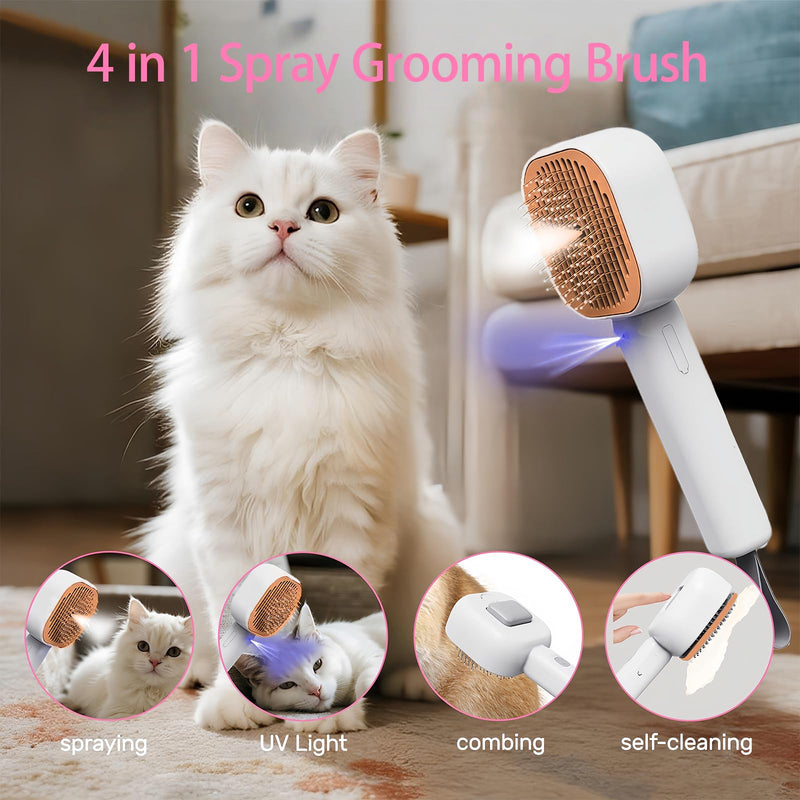 4 in 1 Pet Steam Brush for Cat for Shedding Grooming Massage Self Cleaning, Cat Brush for Long Short Haired Cats, Defur Comb for Kitten Cats Dogs (White Orange) White Orange - PawsPlanet Australia