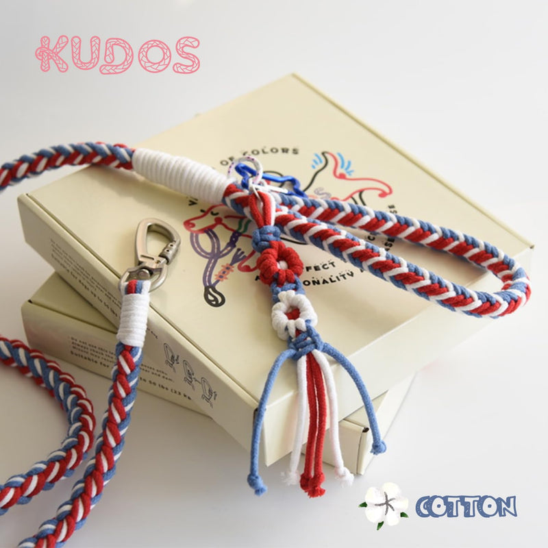 KUDOS Braided Cotton Dog Leash – Secure Handle & Locking Buckle, Handwoven Rope in Red Blue White, 5.2ft Leash with Floral Charm for Small to Large Dogs, Nautical Theme Nautical Breeze - PawsPlanet Australia