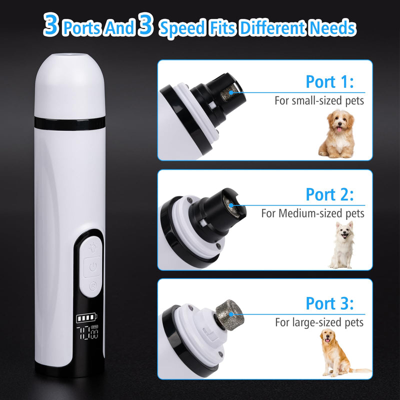 Pet Nail Grinder for Dogs and Cats - Super Quiet and Low Vibration Electric Dog Nail Grinder with 2 LED Lights - USB Rechargeable and Cordless - 3 Speeds - Small to Large Pets (White) White - PawsPlanet Australia