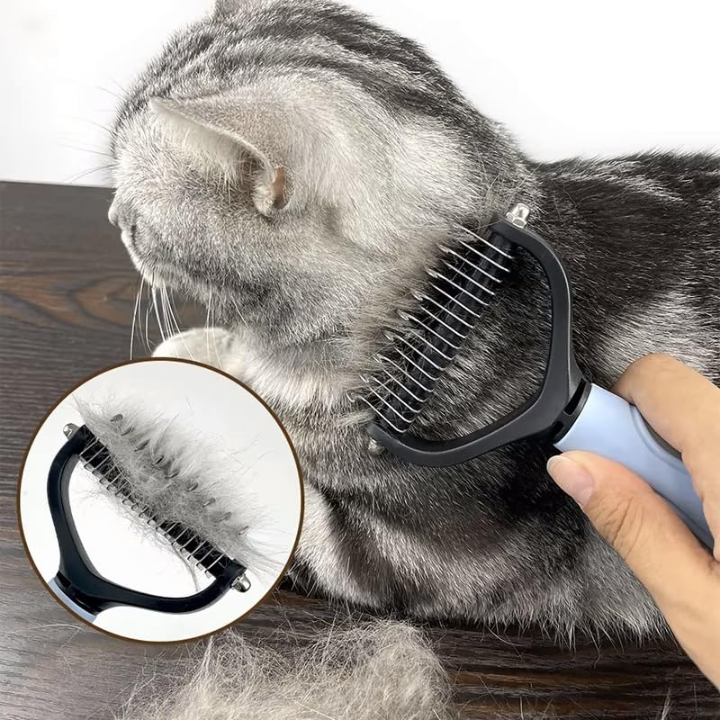 2-Sided Dematting & Deshedding Comb for Dogs & Cats – Undercoat Detangler Brush for Shedding, Matted Hair & Fur Remover Tool, Ergonomic Handle for Stress-Free Pet Grooming (Grey) Grey