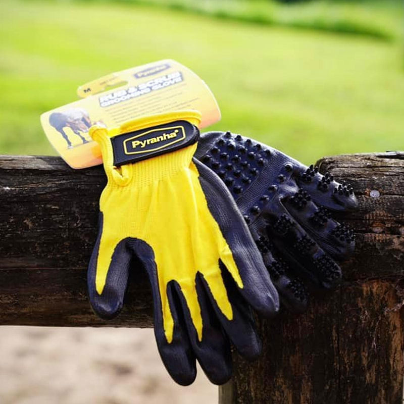 Pyranha Rub & Scrub Grooming Gloves | Multipurpose Shedding & Bathing Tool with Scrubbing Nodules | Removes Hair, Cleans Coat & Massages Muscles | Use Wet or Dry Medium