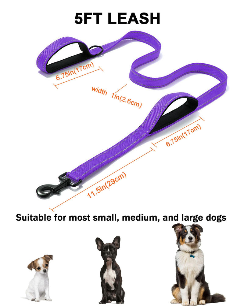Aeclleca Soft Handle Reflective Black Dog Leash with 2 Padded Handles, 5FT Heavy Duty Pet Lead for Medium & Large Dogs, Comfortable Anti-Slip Grip & Night Safety Design (Purple) Purple - PawsPlanet Australia