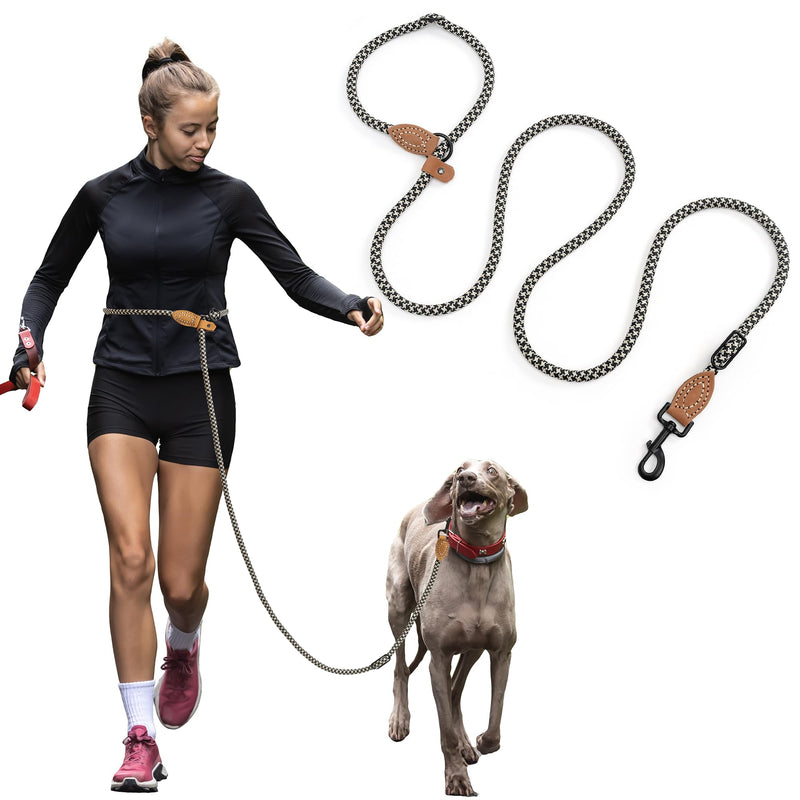 Mile High Life Hands Free Dog Leash, Crossbody Waist Leash with Genuine Leather Connection, Multifunctional Adjustable Slip Lead for Dog Walking Running (Black Khaki, 7FT) Black Khaki 7FT Hands Free