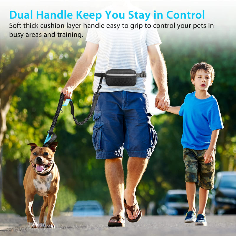 Hands Free Dog Running Leash with Zipper Pouch, Dual Handle, Elastic Bungees Retractable Rope for Medium and Large Dogs, Waist Bag Pack Carry Phones for Walking Hiking Biking (Large, 25-120lb) 1 dog/Blue - PawsPlanet Australia