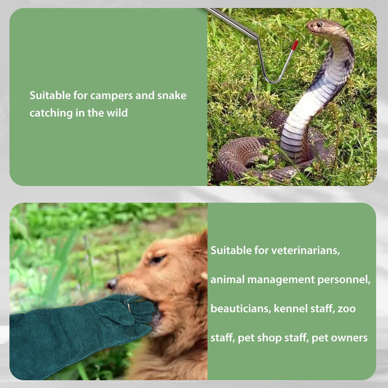 23inch Animal Handling Gloves & 40" Collapsible Snake Hook Kit, Training Glove for Cats Scratch Reptiles Birds Falcon Grabbing（Green） Green（23" & 43" Snake Hook） - PawsPlanet Australia