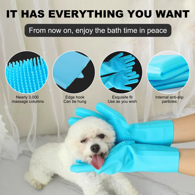 Pet Grooming Gloves, Heat Resistant Silicone Gloves，Silicone Hair Removal Mitt for Dogs and Cats,Cat Bathing Gloves ，Cat and Dog Massage Products， Blue。 - PawsPlanet Australia