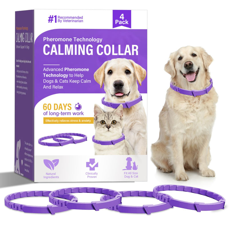 Calming Collar for Dogs, Anxiety Relief & Relaxing Calming Collar for Dog & Cats, Size Adjustable Pheromone Collar for Pet Separation Anxiety & Fear Relief 4Pcs(Purple)