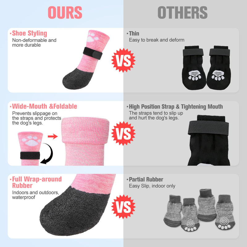 BEAUTYZOO Anti Slip Dog Socks Boots, Dog Shoes for Hot/Cold Pavement Snow Rain Days,Waterproof Grip Dog Booties Paw Protector for Hardwood Floor, Prevent Licking for Small Medium Large Senior Old Dogs Pink Small/Medium