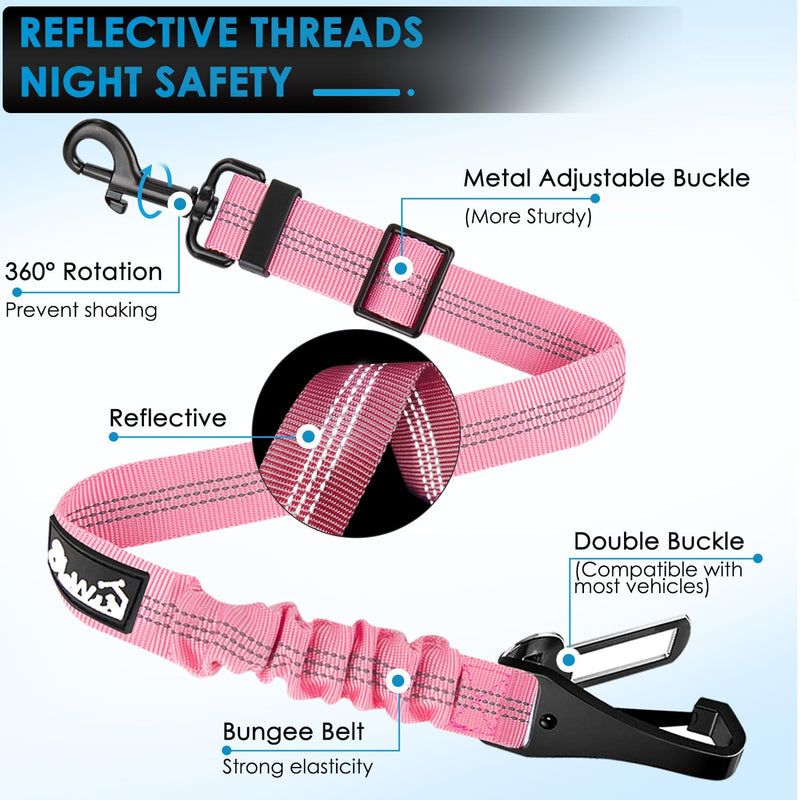 Lukovee Dog Seatbelt Leash for Cars, 2 Pack Pet Safety Car Seat Belt with Adjustable Buckle & Reflective Bungee, Connect Dog Harness in Vehicle Car Dogs Restraint Travel Daily Use (Pink) A-Pink A- Headrest with Clip + 2 in 1 Seat Belt