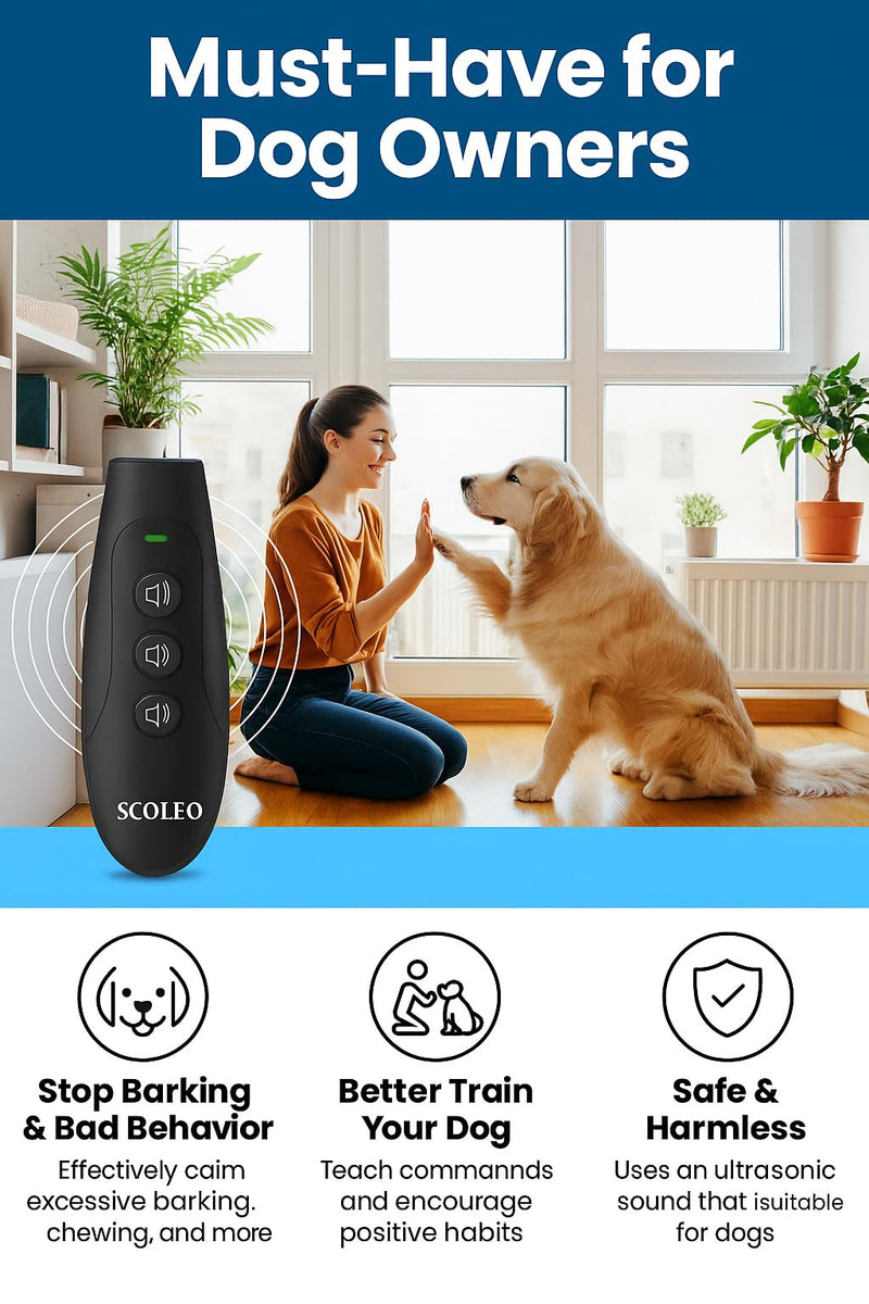 Anti Barking Device for Dogs - Ultrasonic Dog Trainer with VF Tech, 3 Modes Bark Control, Rechargeable Dog Bark Deterrent for Behavior Correction - Indoor & Outdoor Use Black - PawsPlanet Australia