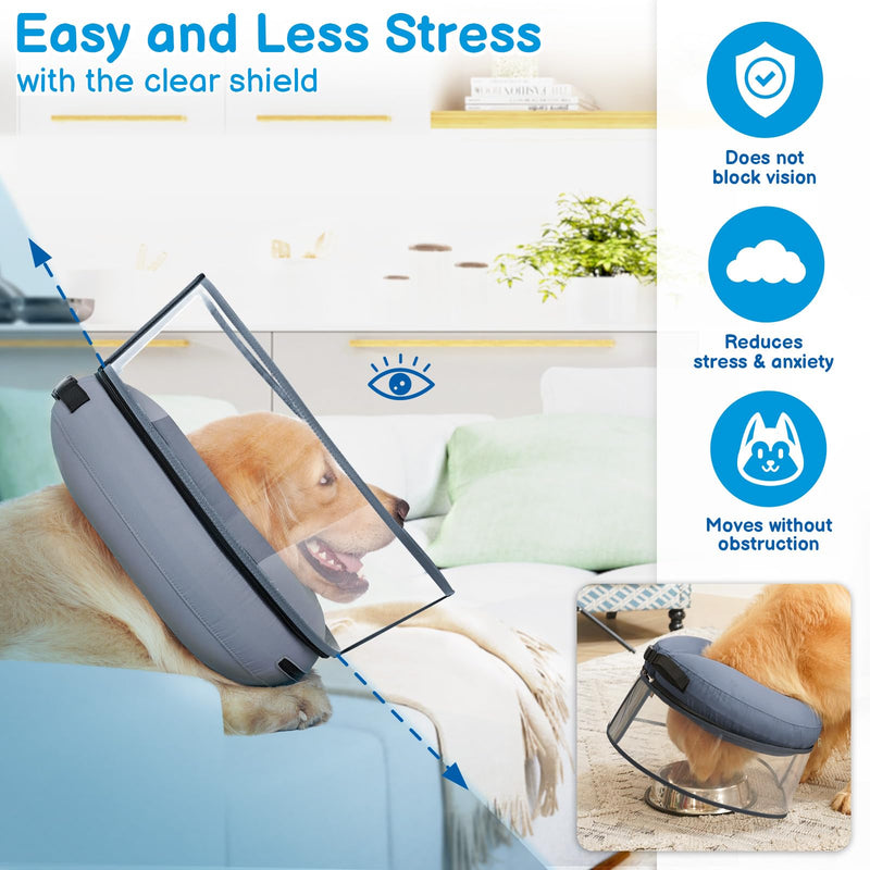 BARKLESS Donut Cone for Large Dogs, Protective Collar After Surgery to Stop Licking, Blow up Dog Surgery Collar with Transparent Shield, Inflatable Pillow Cone for Labrador, Rottweiler Grey L