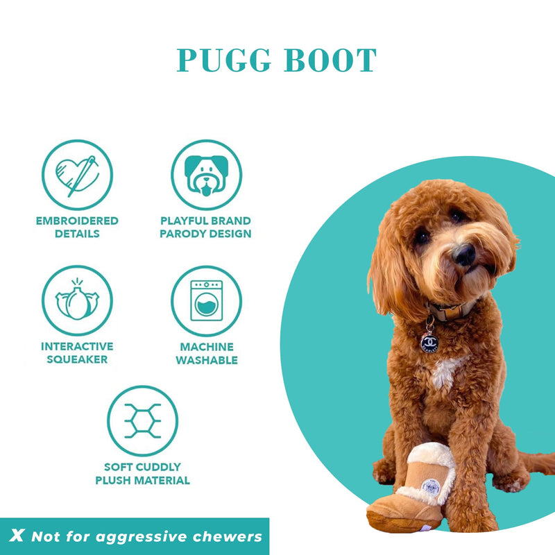 Haute Diggity Dog Pugg Boot, Plush Designer Dog Toys with Interactive Squeaker, Stimulating Pet Enrichment, Machine-Washable & Safe Materials for All Breeds, One Size Tan Brown - PawsPlanet Australia