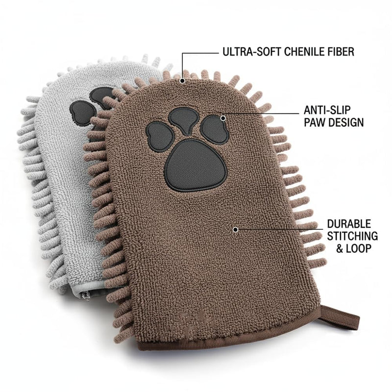 Super absorbent ultra-fine fiber pet drying, Chenille Fiber Dog Towel with Anti-Slip Paw Design, Quick-Drying Super Soft Bath Glove for Dogs & Cats, Brown & Grey, Pack of 3