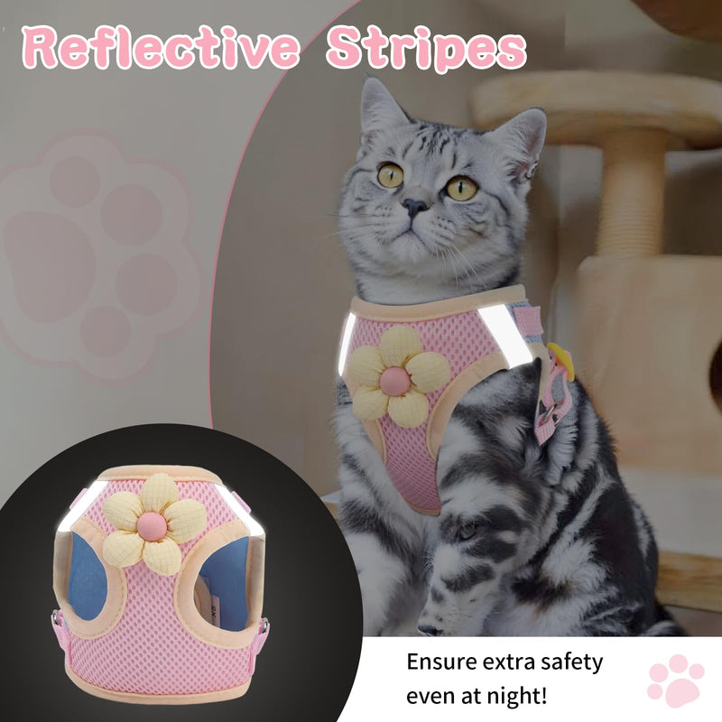 Cat Harness and Leash Set for Walking Escape Proof, Adjustable Kitten Harness Breathable Mesh with Reflective Strips Harness with Flower for Kitty Puppy Bunny Sakura pink Extra Small - PawsPlanet Australia