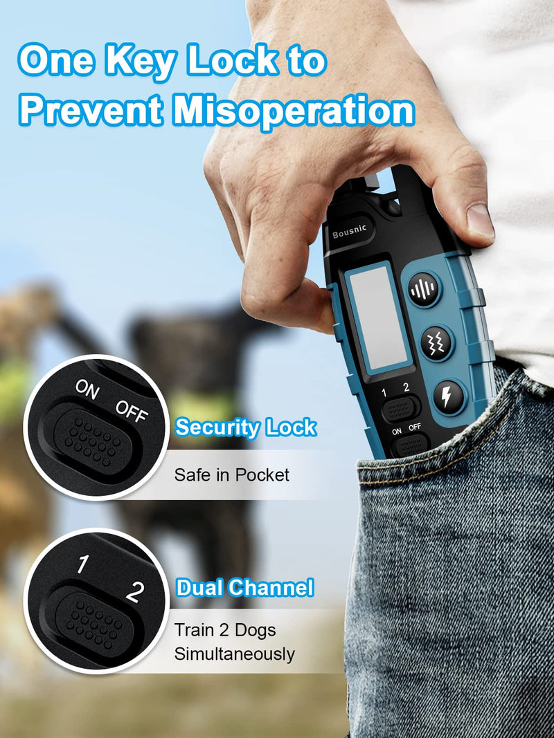 Bousnic Dog Shock Collar 2 Dogs (5-120Lbs) - 3300 ft Waterproof Training Collar for Dogs Large Medium Small with Rechargeable Remote, Beep (1-8) Vibration (1-16) and Humane Shock (1-99) Modes Blue