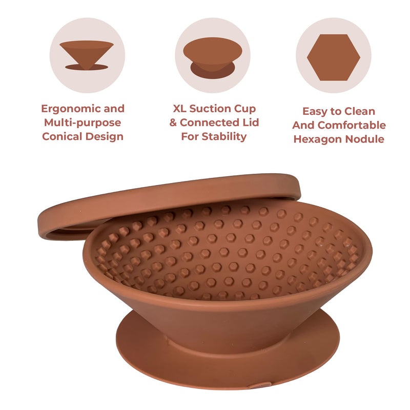 Lick-a-Bowl for Dogs and Cats, Cat Slow Feeder, Dog Lick Bowl with Lid, 3 Shape, Silicone Pet Licking Mat, XL Suction Cup for Spill Prevention - Raw Sienna - PawsPlanet Australia