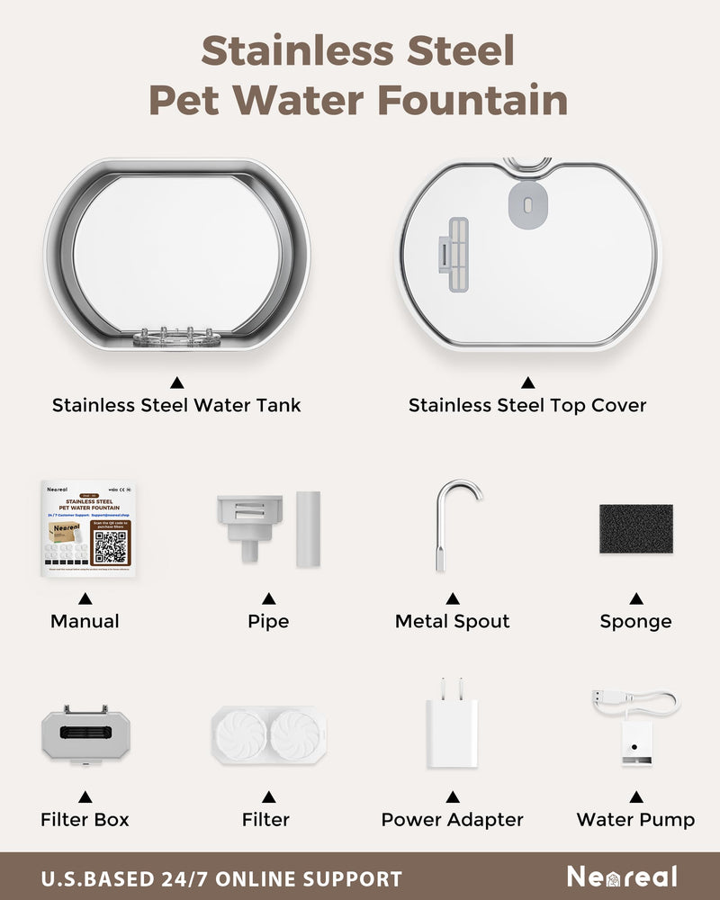 Cat Water Fountain Stainless Steel: 74oz/2.2L Cat Fountain for Drinking- Pet Water Fountain Inside - Automatic Dog Watering Dispenser Bowl - Pet Feeding & Watering Supplies - Water Level Window 74oz Cat Fountain + 1 Filter - PawsPlanet Australia