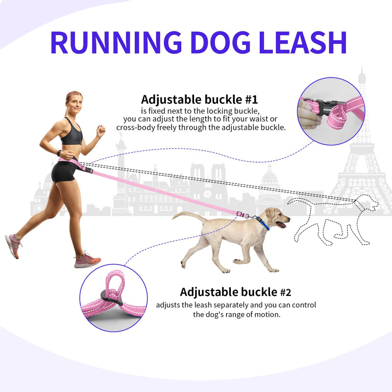 Kazazoo Hands-Free Dog Leash Adjustable Length 5-8 Ft, Waist for Dog Walking, Running for Small &Medium Dogs with Reflective Strips, Ballistic Nylon, Waist Belt, Lightweight Pink M - PawsPlanet Australia