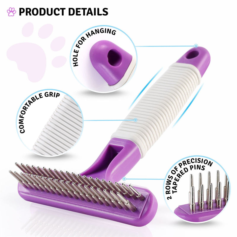 Poodle Pet Dog Grooming Rake| Dematting Tool with Stainless Steel Shedding Comb for Pets | 2 Rows of Pins Gently Remove Loose or Tangled Hair from Undercoat | Purple Handle - PawsPlanet Australia