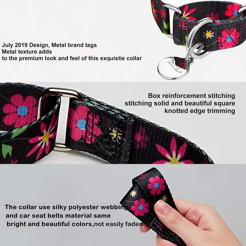 Martingale Collar Floral Print Dog Collar - No Pull Pet Collar, Heavy Duty for Medium Dogs, Adjustable Neck 14 Inch to 21 Inch, Sun Flower (Black) Medium, 1 Inch Wide Sun Flower - Black - PawsPlanet Australia