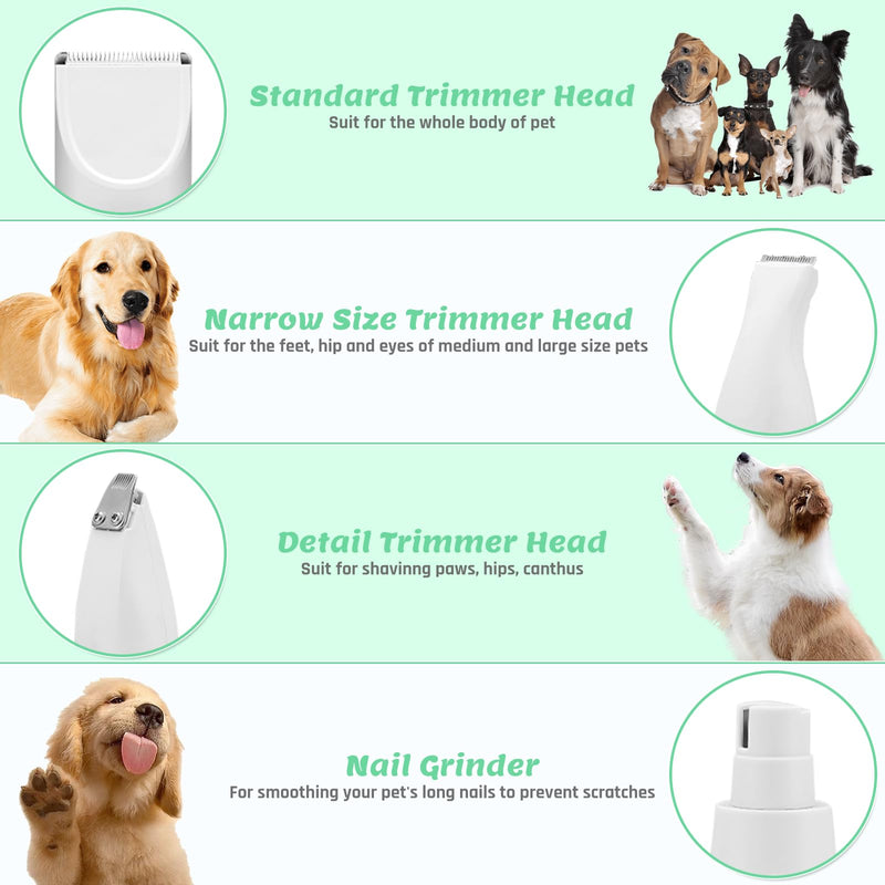 4 in 1 Dog Grooming Kit, Cordless Dog Clippers for Grooming, Low Noise Paw Trimmer Electric, Cat Hair Clippers Kit with Nail Grinder,Rechargeable Pet Hair Shaver for Small & Large Dog Cat Pet White - PawsPlanet Australia