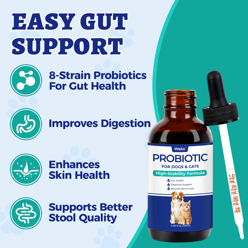Wellix Liquid Probiotic for Cats & Dogs, 120ml 8-Strain Probiotics for Dog Digestive Health, Cat Digestive Support, Dry Skin Relief, Stool Formation for Cats & Dogs of All Ages
