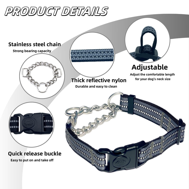 Martingale Dog Collars, Reflective Nylon Collar with Stainless Steel Chain, Adjustable Walking Training Dog Collars with Quick Release Buckle, Suitable for Small Medium Large Dogs(Gray,XL) Extra Large-(dog's neck 20~25.5inches) Gray - PawsPlanet Australia