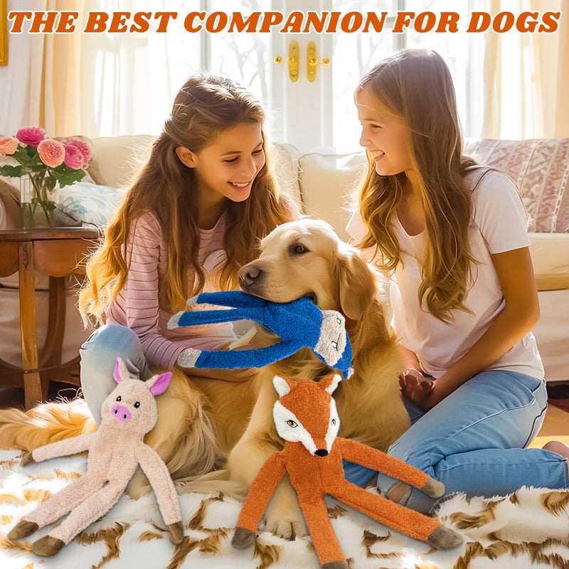 3 Pack No Stuffing Crinkle Squeaky Interactive Plush Dog Chew Toys to Keep Puppy Busy for Boredom & Enrichment Small & Medium Breeds Furry Friend Teething Orange Fox Pink Pig Blue Hippo - PawsPlanet Australia