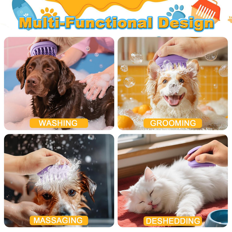 2-in-1 Dog Bath Brush for Grooming & Massage - Pet Silicone Brush for Long & Short Haired Dogs and Cats, Dog Scrubber for Bath, Rubber Curry Brush, Use Wet as Bath Brush or Dry for Grooming-Purple Purple - PawsPlanet Australia