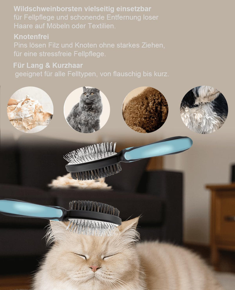 2-in-1 Dog Brush & Cat Brush - Detangling Comb for Long Hair & Short Hair, Metal Pins & Natural Bristles, Ergonomic TPR Handle, Gentle and Effective Grooming (Blue/Black)