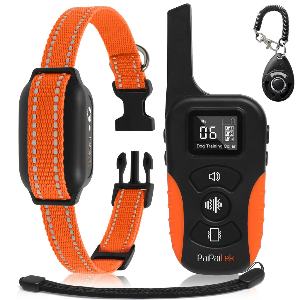 PaiPaitek Dog Vibration Collar with Controller No Shock, 3300ft Waterproof Training Dog Collar Beep and Vibrate Only, Security Lock & Rechargeable Vibrating Collar for Dogs 5-120 lbs - No Prongs PD519V1-OR