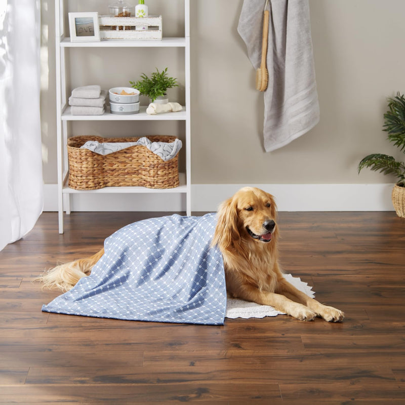 Bone Dry Pet Grooming Towel Collection Absorbent Microfiber X-Large, 41x23.5", Trellis Stonewash Blue 41x23.5" - PawsPlanet Australia