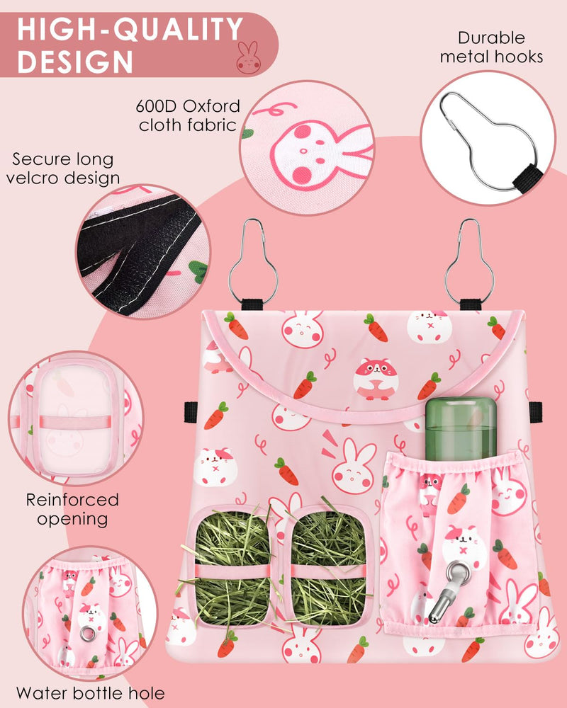 Bissap Rabbit Hay Feeder Bag, 2 Holes Hanging Hay Feeder Guinea Pig Hay Bag with Side Pocket for Rabbits Bunny Chinchillas Hamsters Rats and Other Small Pets Small Animal - S (Pink) ﻿ - PawsPlanet Australia