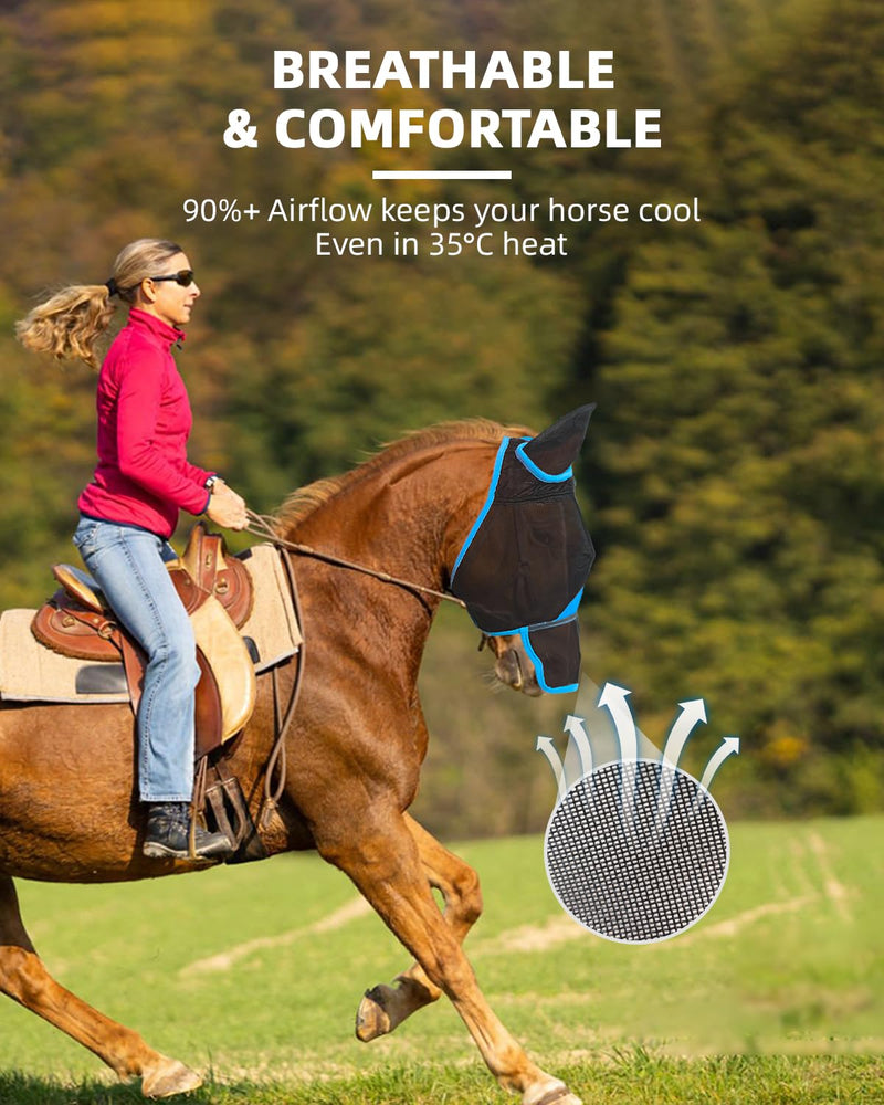 Hilltown Horse Fly Mask with Ears and Nose Cover - Large Eye Space, Full Face UV-Block, Breathable Mesh, Adjustable Fit, Soft Fleece Trim for Grazing, Riding & Daily Use - Pony, Blue