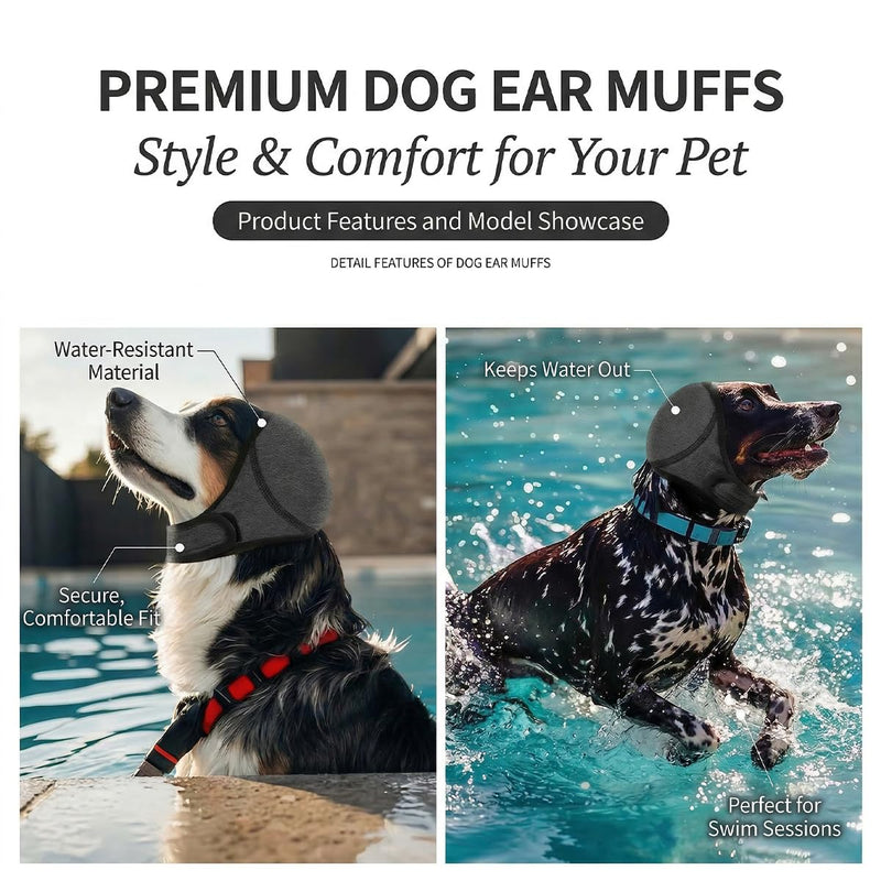 Dog Ear Covers for Noise Protection, Reusable Water Resistant Wraps for Bathing, Swimming & Grooming, Adjustable Ear Muffs for Large Dogs, Happy Tail Protector & Shower Cap(Grey-S) Grey S